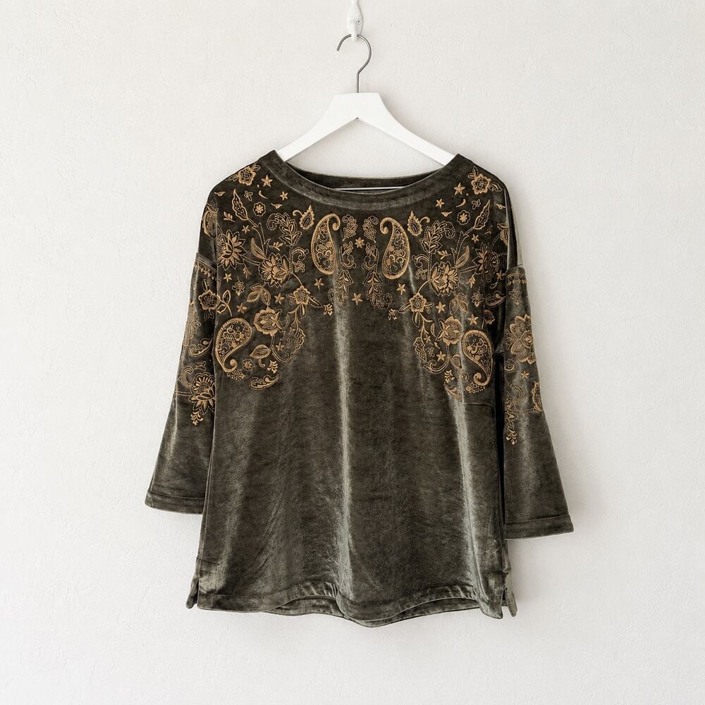 Soft Surroundings Helena Olive Velvet Gold Embroidered Boho Tunic Top M